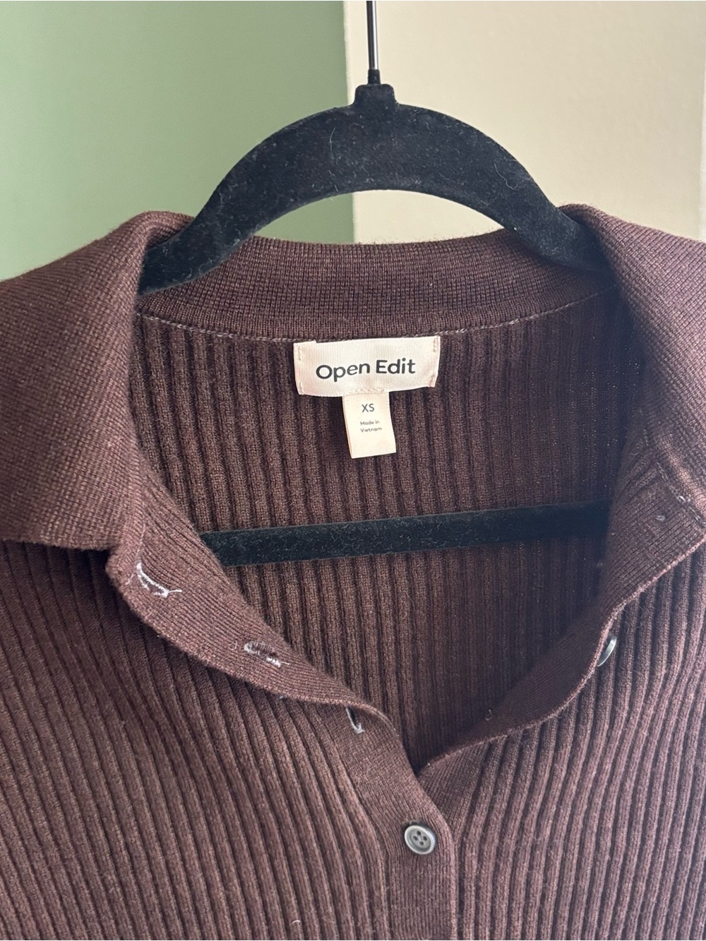 Collared Rib-Knit Button Cardigan - Brown - Picture 3 of 4